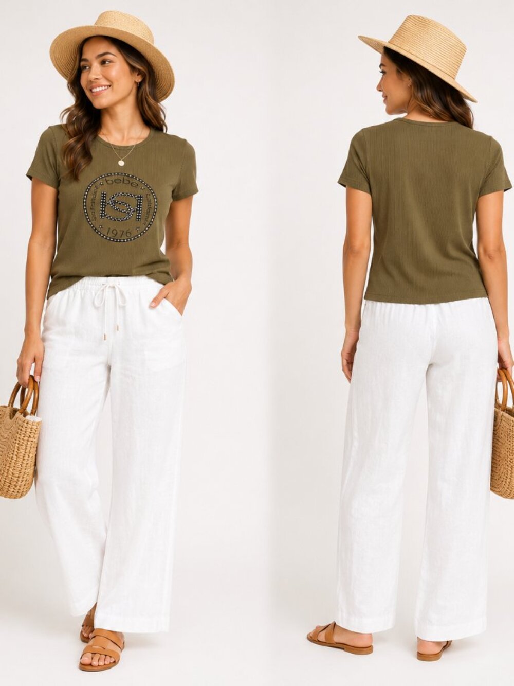 Bebe Olive Green Ribbed Rhinestone Logo Tee | Stretch Short Sleeve Top | Size XL